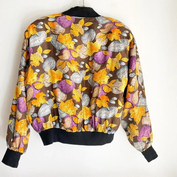 Vintage Carol Horn Silk Colourful Leaf Print Bomber JAcket M - Picture 6 of 6